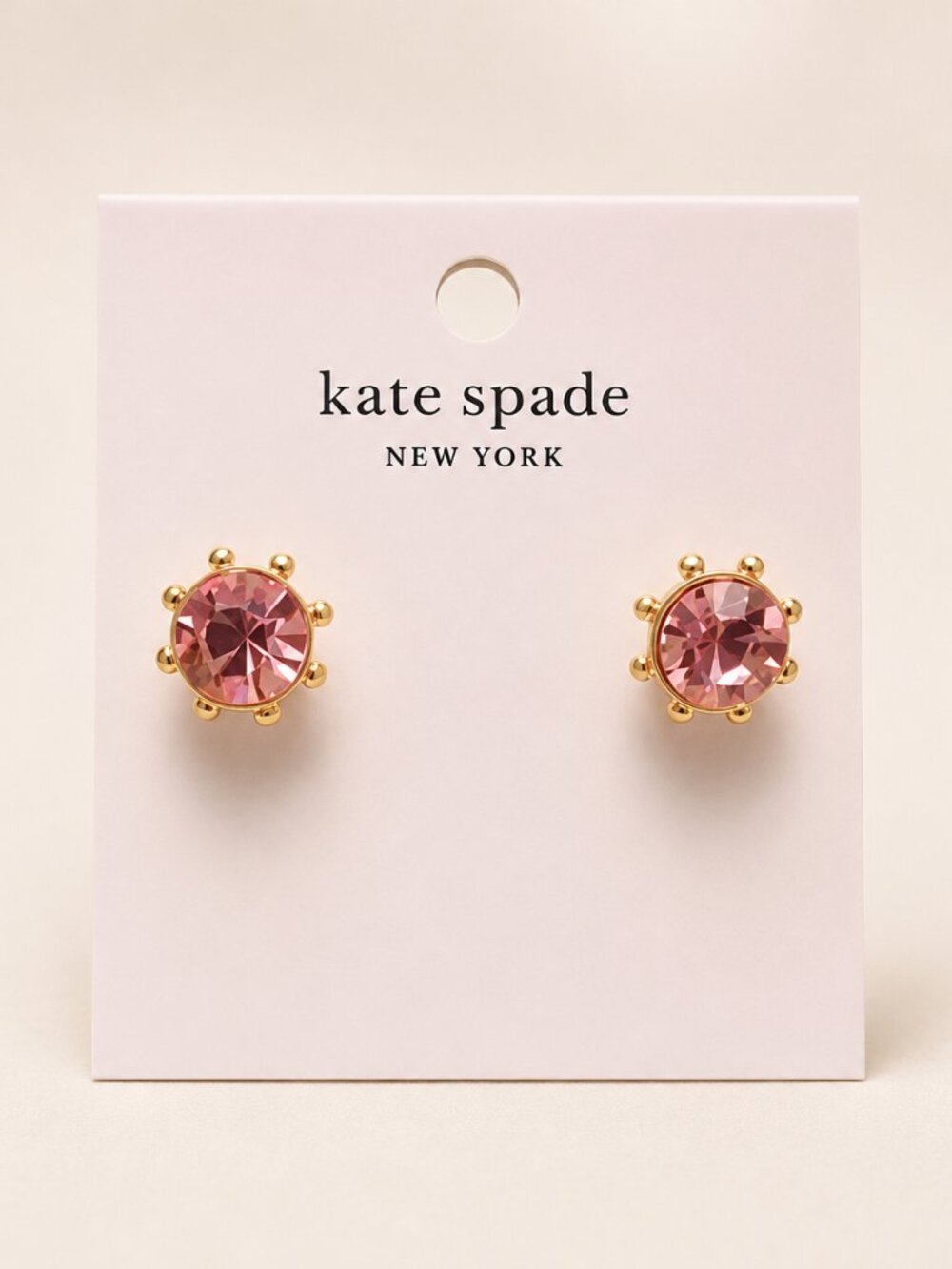 Kate Spade New York Rose Pink Crystal Stud Earrings Gold Tone Prong Set NWT